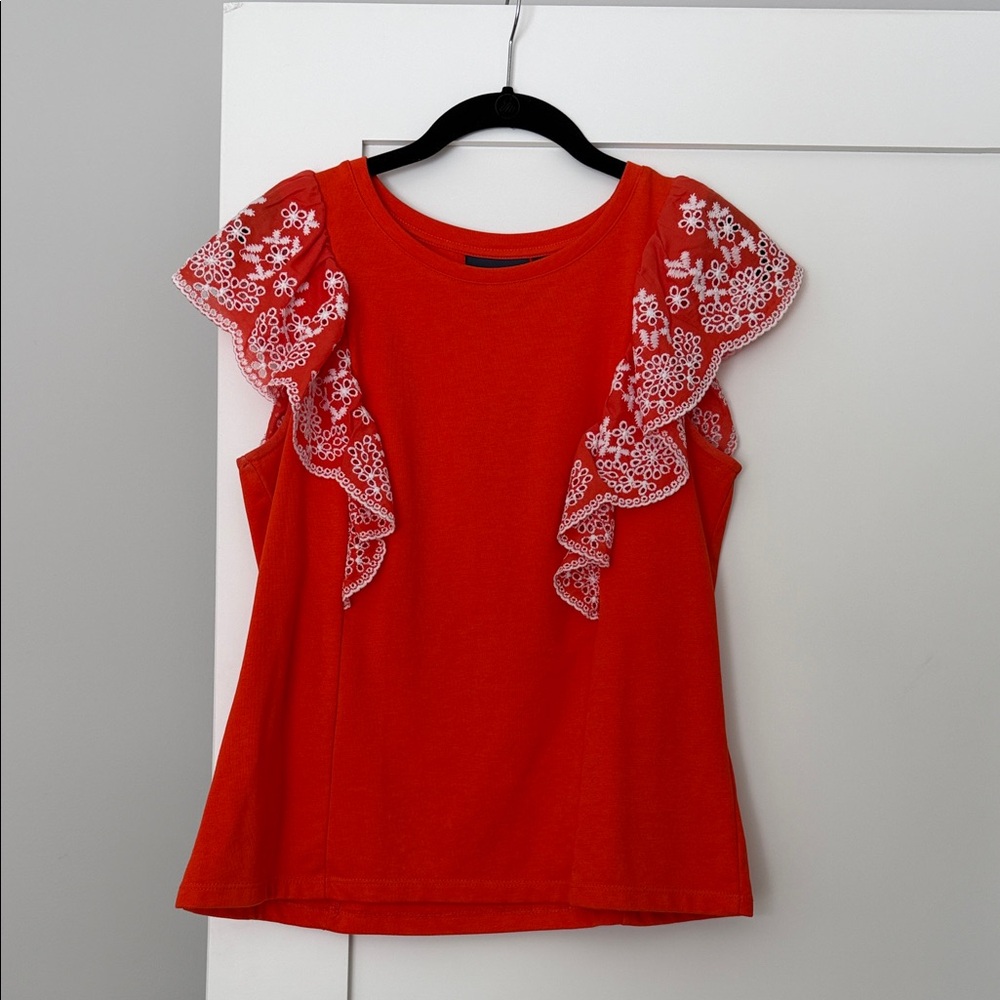 Anthropologie Orange Blouse with Floral Lace Sleeves
